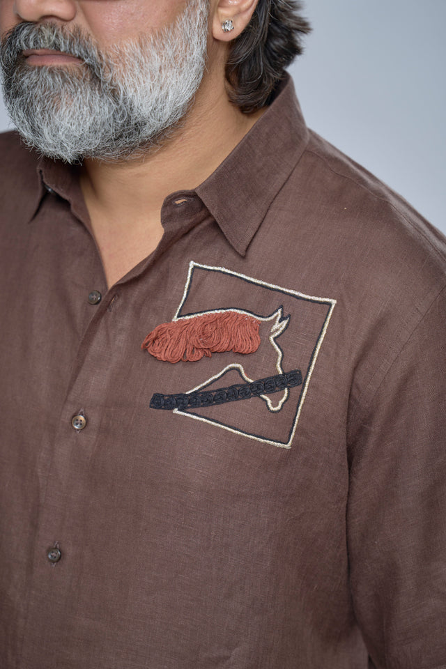 Equestrian Soul: 7-Hour Front & Back Hand-Embroidered Pure Linen Half Sleeve Shirt - AddysForMen®️