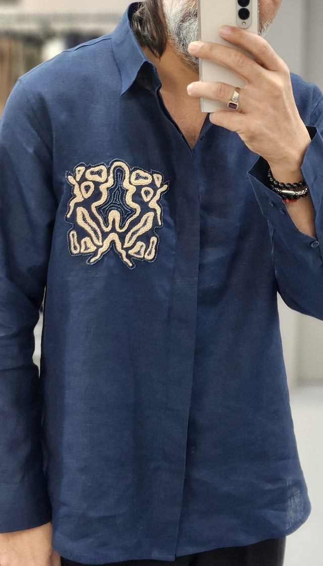 Navy Blue Pure Linen Long Sleeve Shirt with Gold-Toned Abstract Embroidered Crest