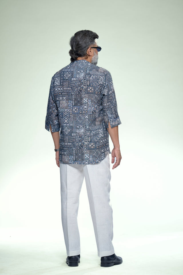 Indigo Nomad Mosaic Pure Linen 3/4 Sleeve Kurta Style Shirt - AddysForMen®️