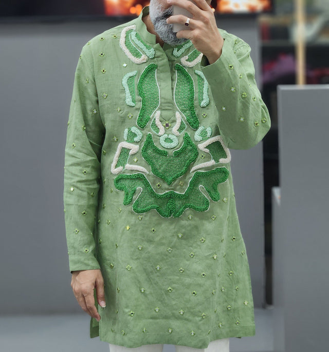 Sage Green Pure Linen Long Kurta with Hand-Embroidered Khatli Mirror & Threadwork