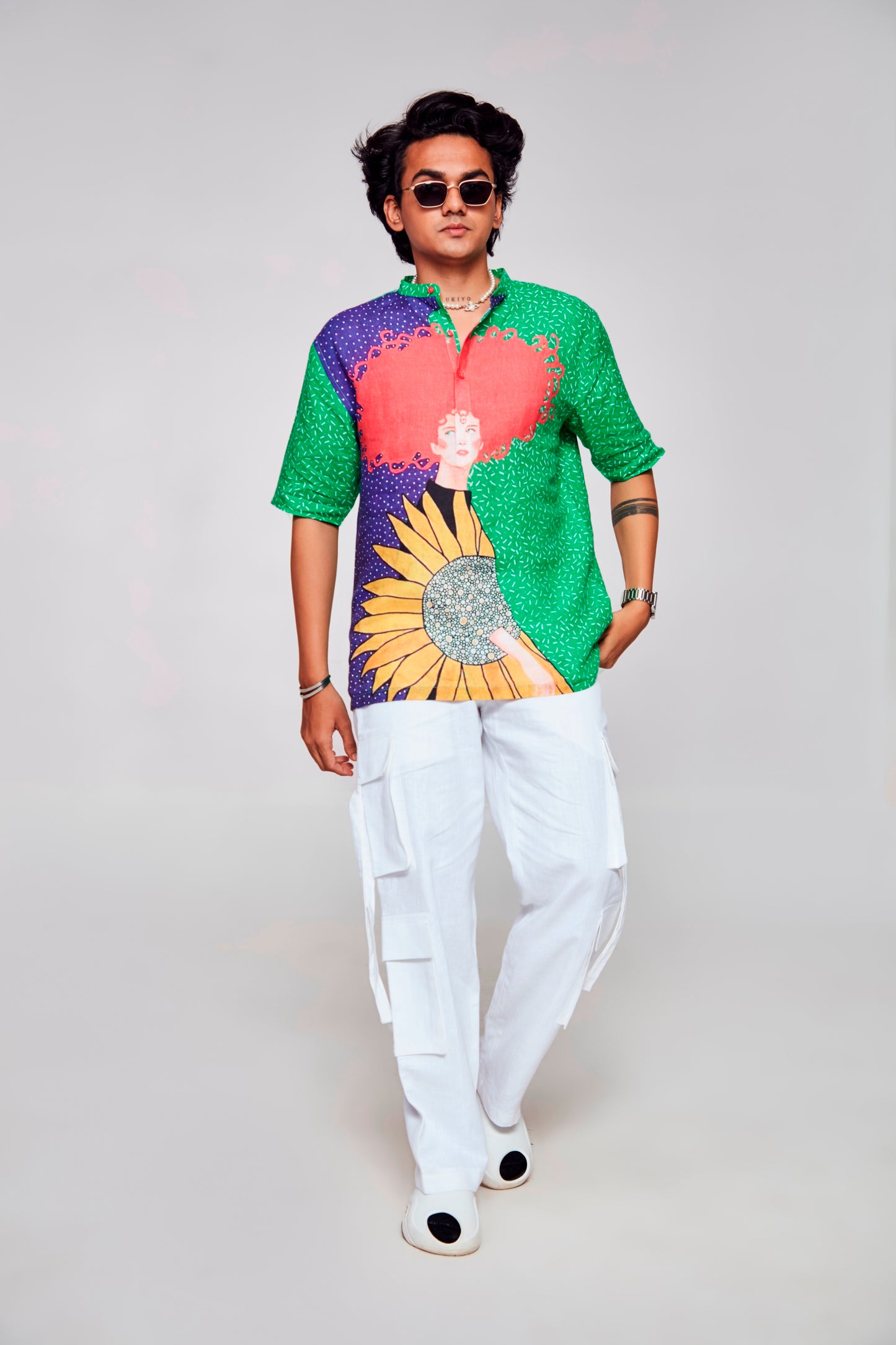 Botanical Harmony : Nature's Beauty with Floral Delicacy - Pure Linen Short Sleeve Kurta
