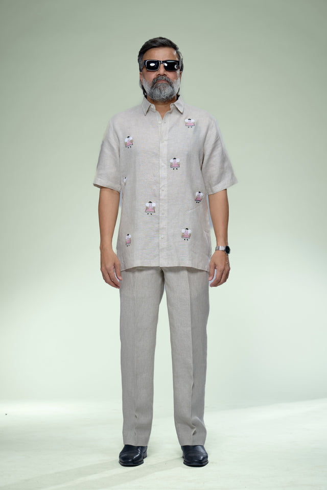 Artisan Summer : 5-Hour Hand Embroidered Pure Linen Half Sleeve Shirt - AddysForMen®️