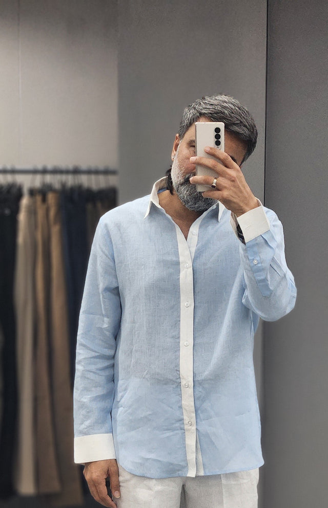 Sky Blue & White Panel Pure Linen Shirt