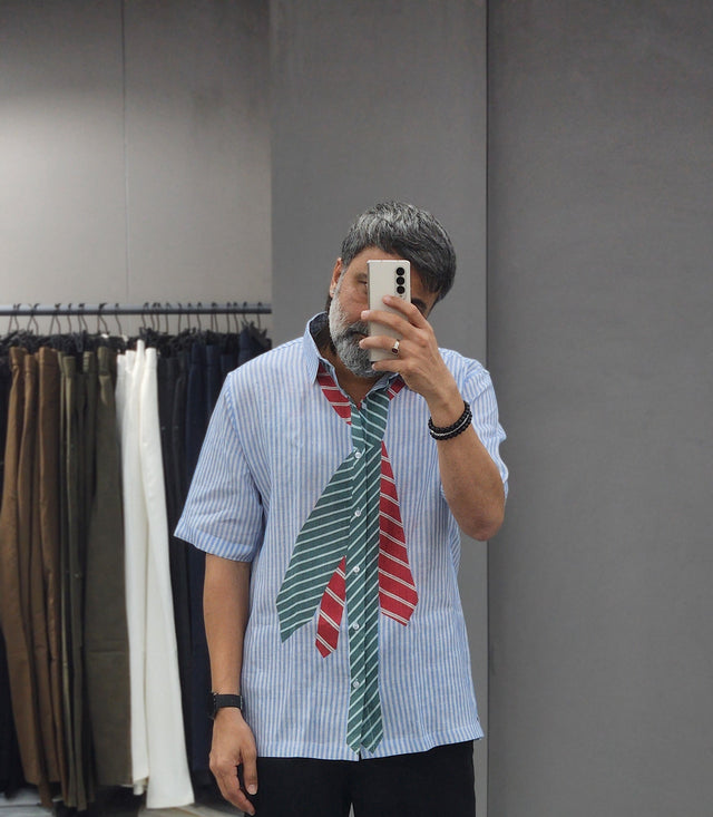 Deconstructed Necktie Digital Print Pure Linen Shirt