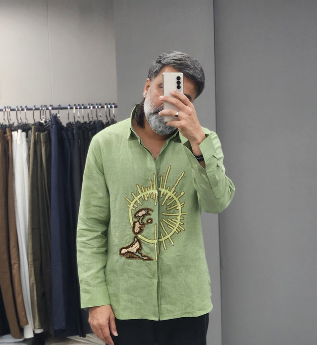 Olive Sage Linen Shirt with Hand Beaded Sunburst Motif