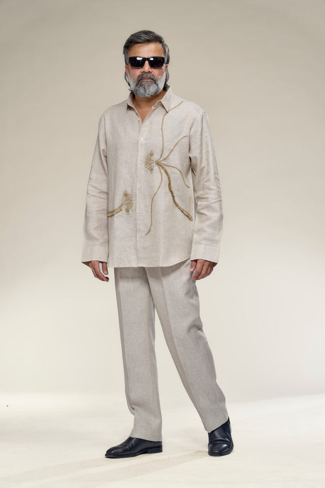 Hemisphere 7 - Hand-Embroidered Pure Linen Full Sleeve Shirt - AddysForMen®️