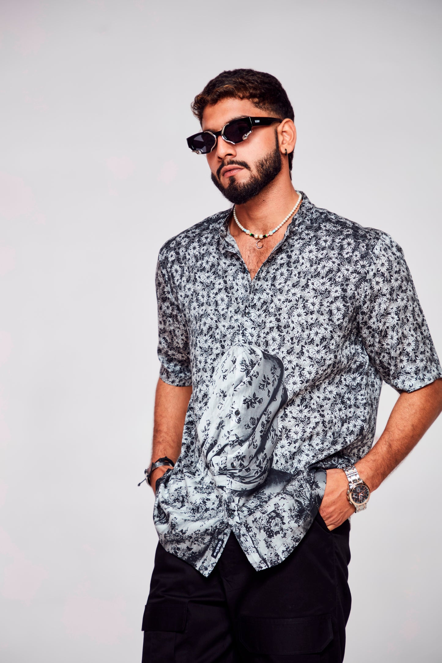 Floral Fusion : Covered Man Embracing Nature's Delight - Pure Tencel Sation Short Sleeve Shirt