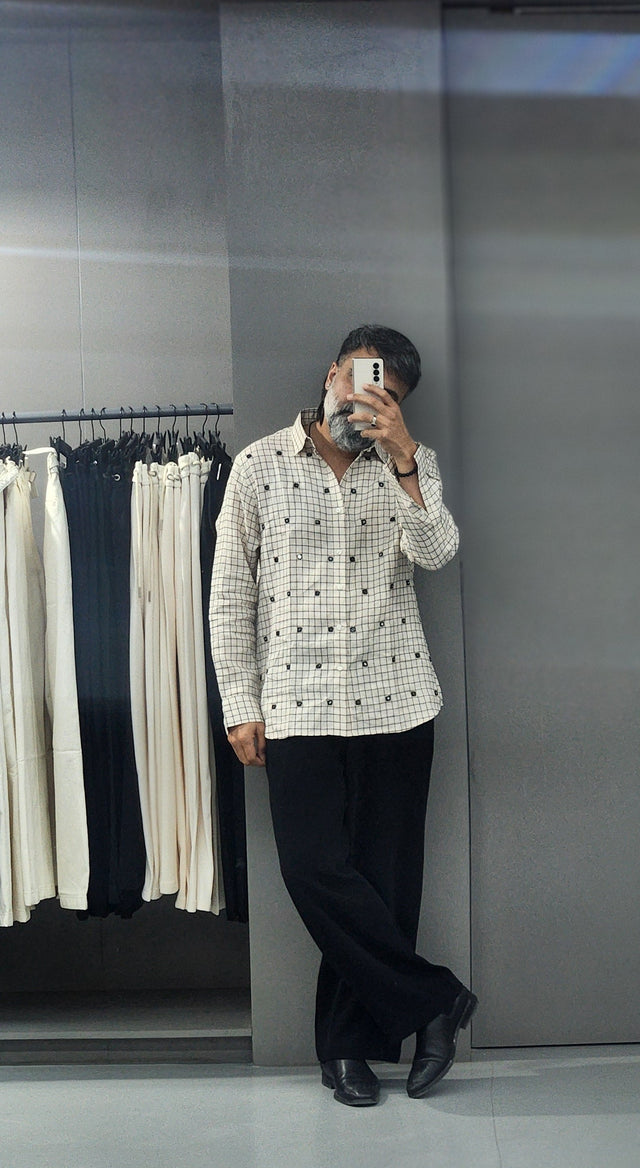Ivory Grid Mirror-Embroidered Pure Linen Shirt