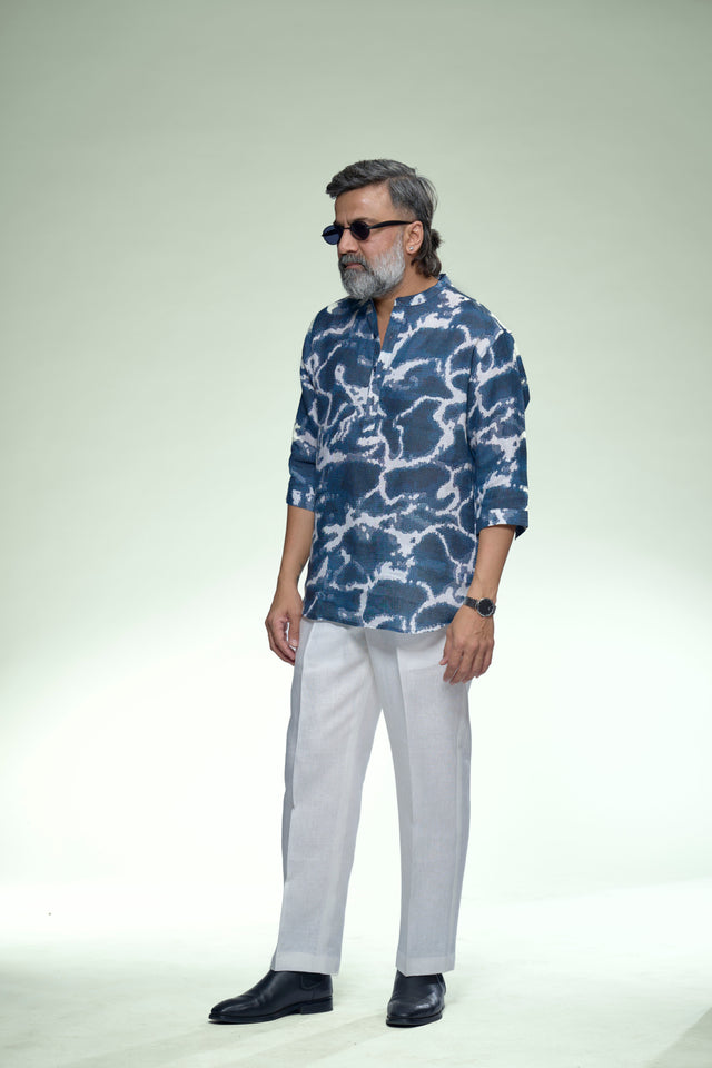 Contemporery Indigo Pure Linen 3/4 Sleeve Kurta Style Shirt - AddysForMen®️