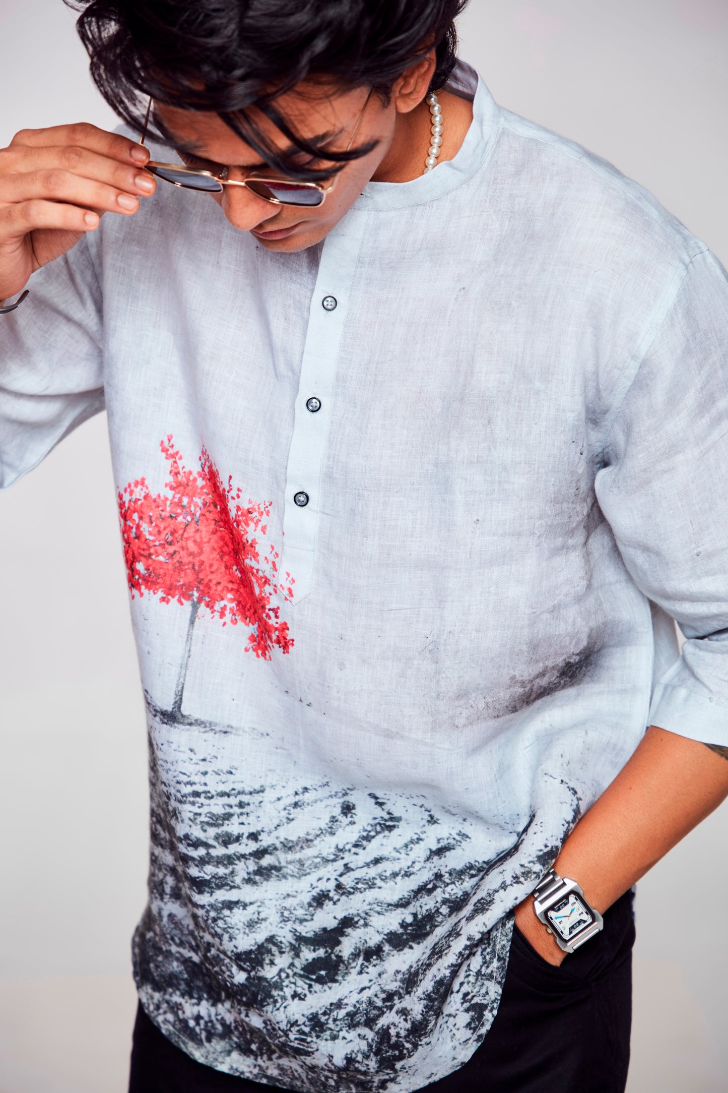 Mystic Forest : Artistic Journey through Nature - Pure Linen 3/4 Sleeve Kurta Style Shirt