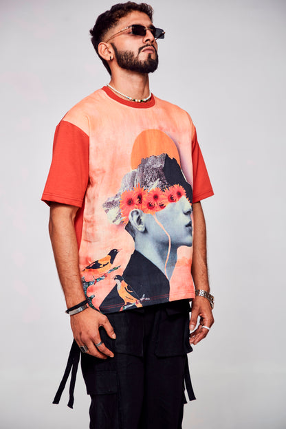 Floral Fusion : Nature Meets Masculine Confidence - Oversize Linen Tshirt