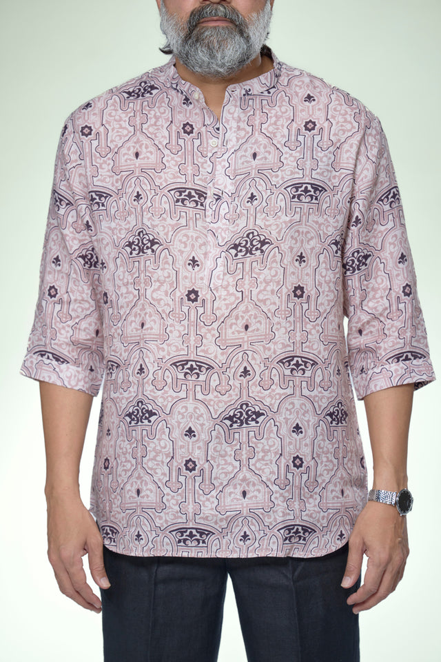 Artisan Geometric Pure Linen 3/4 Sleeve Kurta Style Shirt - AddysForMen®️