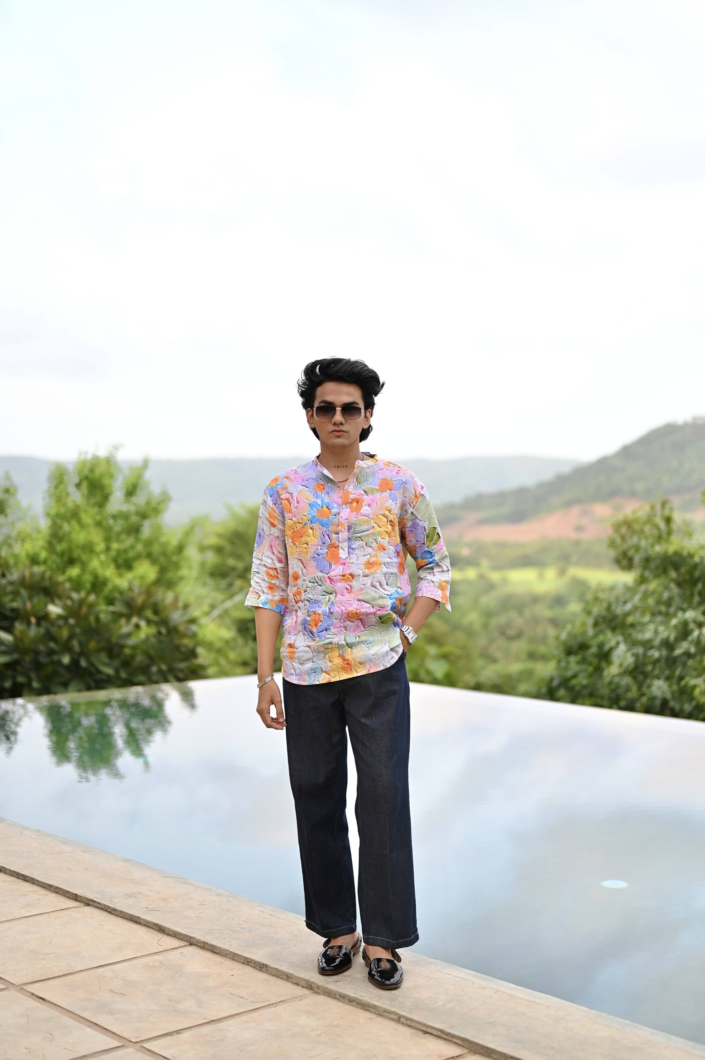 "Botanical Bliss : Vibrant Floral Paradise Blooms - 3/4 Sleeve Kurta Style Shirt"