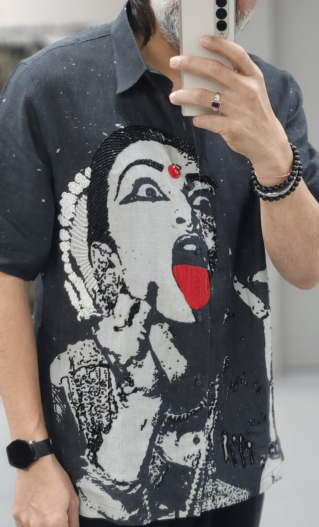 Charcoal Black Pure Linen Short Sleeve Shirt with Digital Pop-Art Graphic & Hand Khatli Work