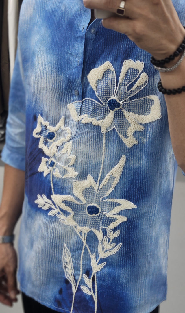 Azure Cloud Hand Khatli Floral Pure Linen Tunic Kurta Style Shirt