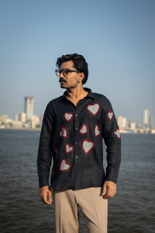 Black Colour, Stitched Love Pure Linen Shirt, Digital Printed Shirt, shirt for men, shirt for women, shirts for men, shirts for women, Long Sleeve shirt, satin Pure Linen shirt, beach wear shirt, party wear shirt
