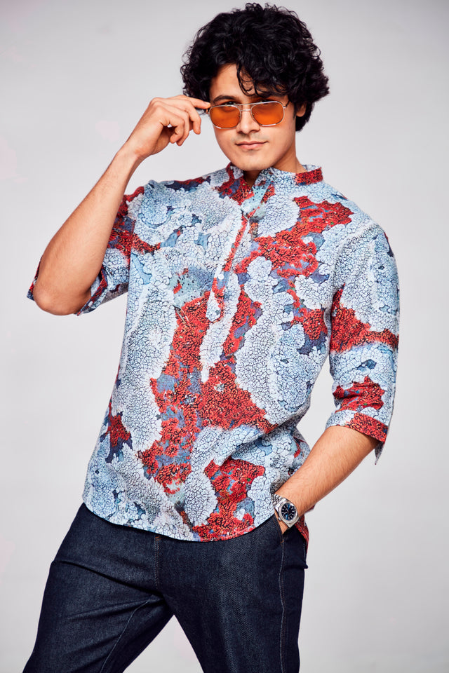 Dreamscape Reverie : Ethernal Imagery Weaves Magic -  3/4 Sleeve Pure Linen Kurta Style Shirt