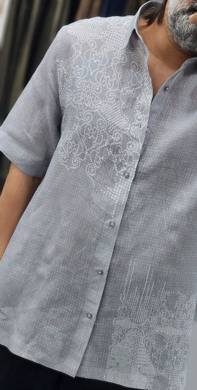 Slate Grey Geometric Lace Print Linen Shirt