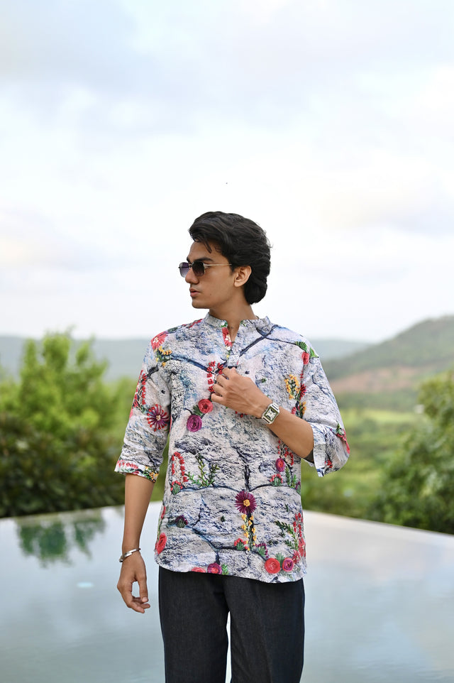 "Blooming Elegance : Nature's Beauty with Vibrant Floral Paradise - 3/4 Sleeve Kurta Style Shirt