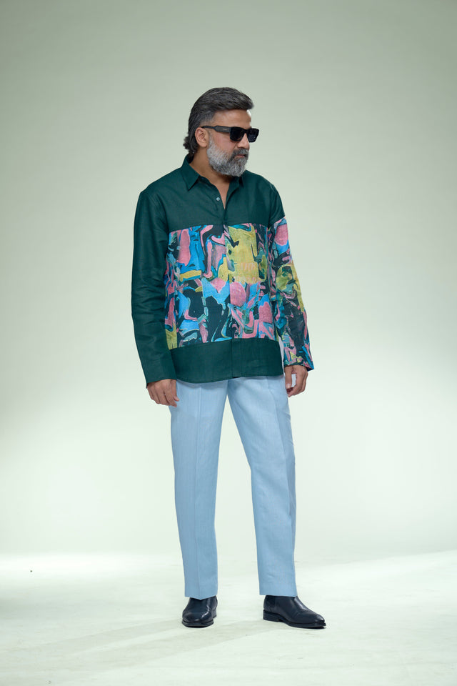 Verdant Muse Abstract Patch Pure Linen Designer Shirt - AddysForMen®