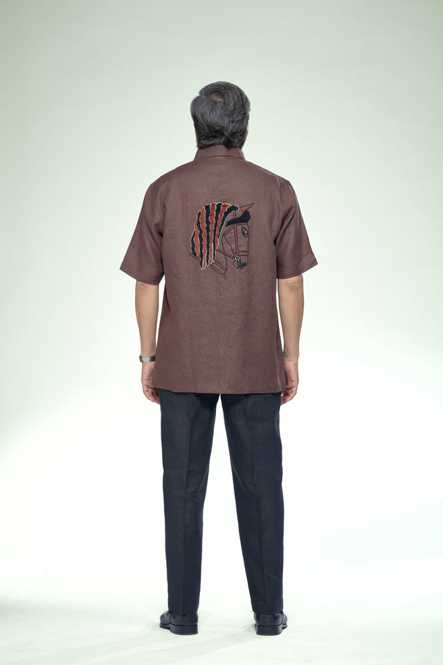 Equestrian Soul: 7-Hour Front & Back Hand-Embroidered Pure Linen Half Sleeve Shirt - AddysForMen®️