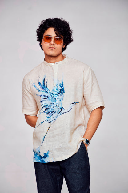 Winged Serenity : Nature's Grace with Avian Elegance - Pure Linen Short Sleeve