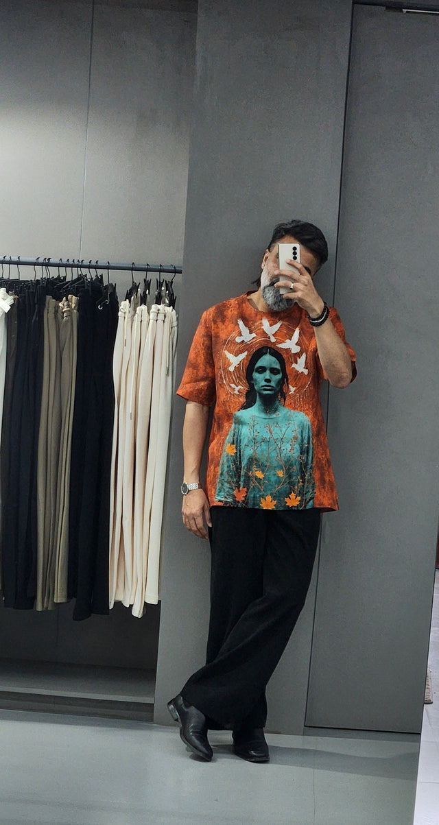 Rust & Teal Mystical Portrait Pure Linen T-Shirt style Shirt