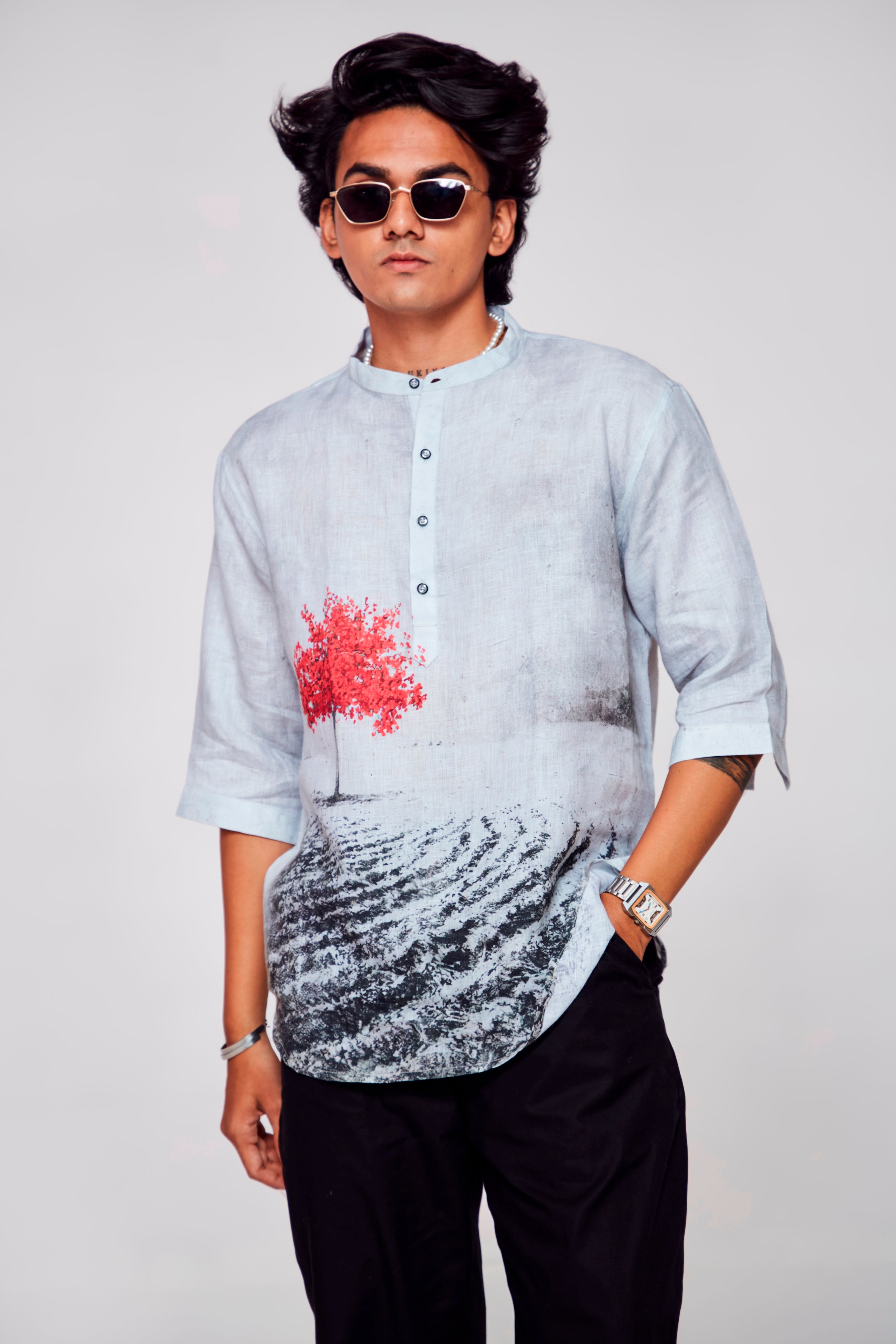 Mystic Forest : Artistic Journey through Nature - Pure Linen 3/4 Sleeve Kurta Style Shirt