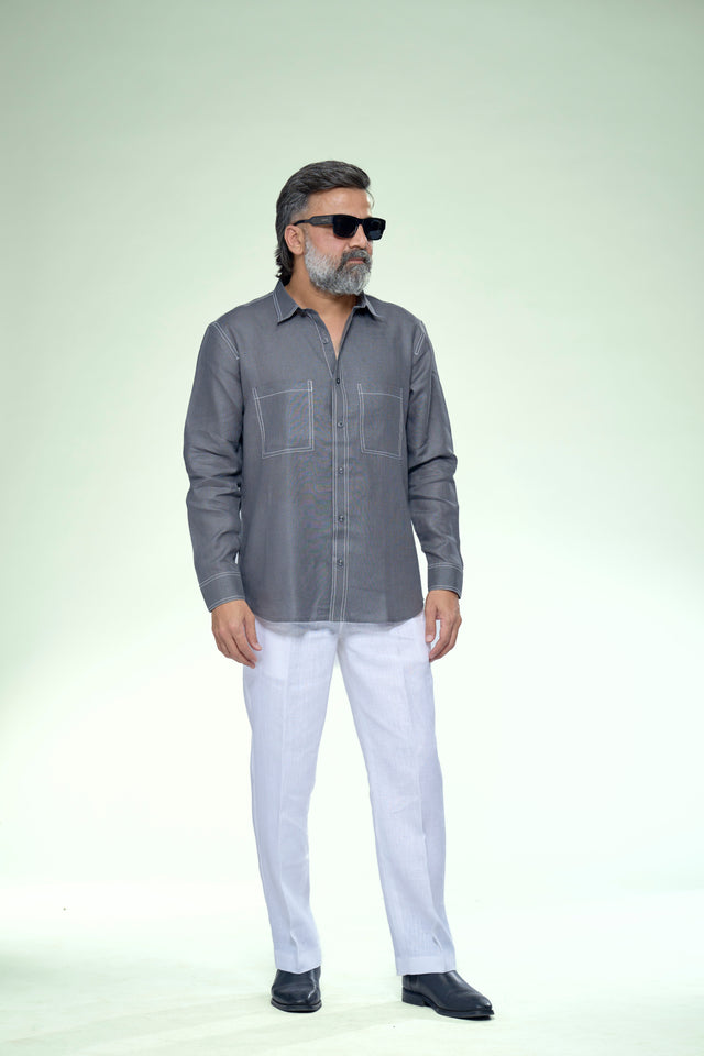Modern Minimal Highlight Stitch Pure Linen Shirt - AddysForMen®