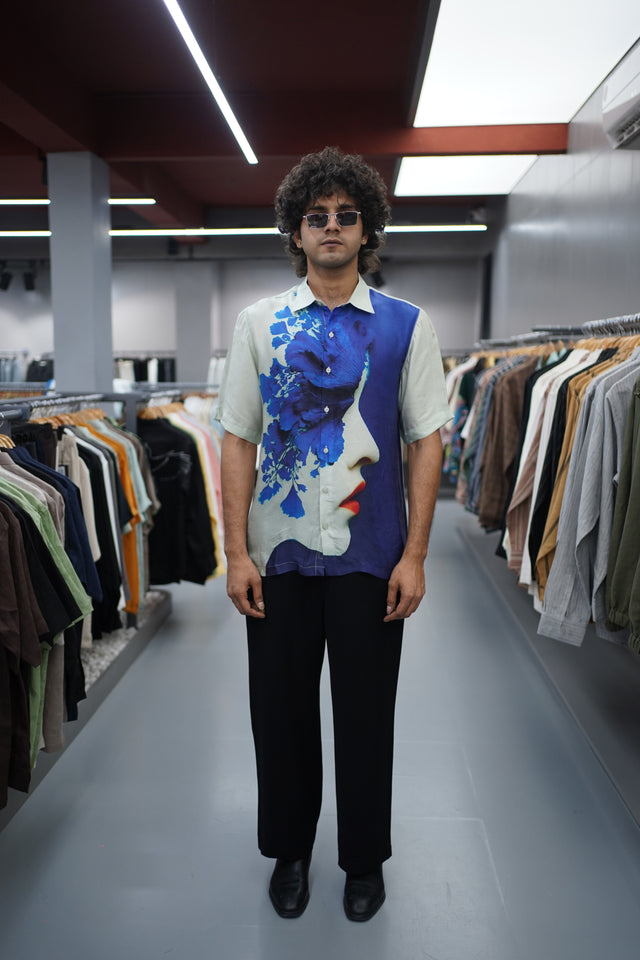 The Midnight Bloom: Pure Bemberg Digital Print Satin Short Sleeve Shirt - AddysForMen®️