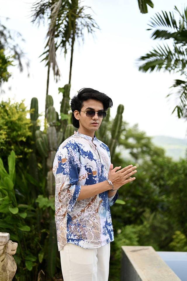 "Serene Elegance : A Breathtaking Blue and White 3/4 Sleeve Kurta Style Shirt"