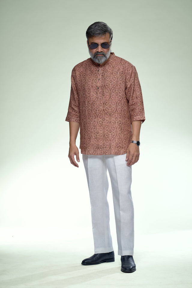 Indigo Geometry Pure Linen 3/4 Sleeve Kurta Style Shirt - AddysForMen®️