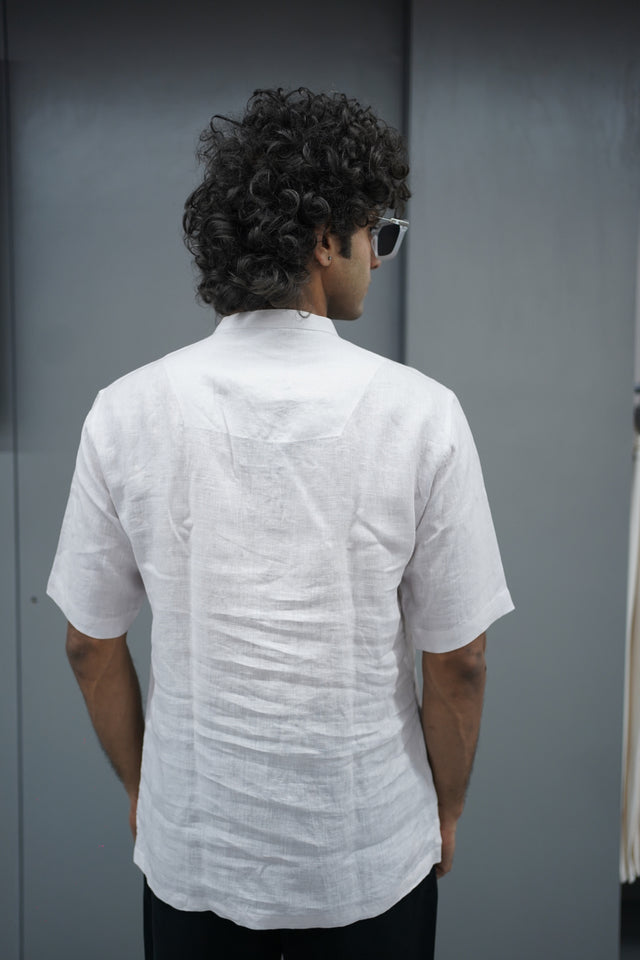 The Midnight Flora: Hand-Embroidered with Digital Print Pure Linen Kurta Style Shirt - AddysForMen®️