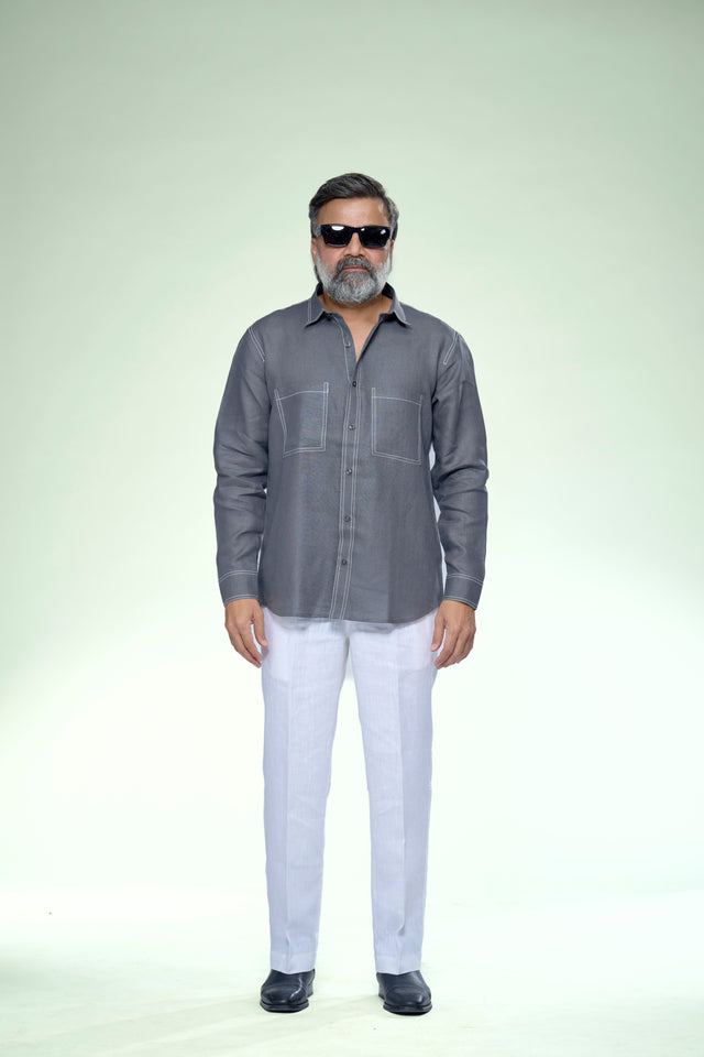 Modern Minimal Highlight Stitch Pure Linen Shirt - AddysForMen®