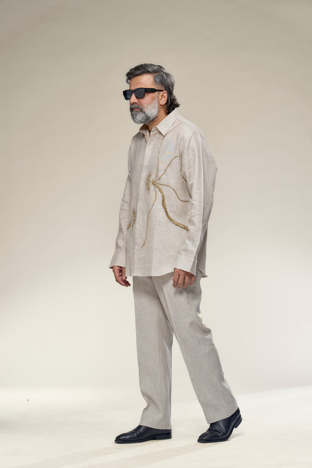 Hemisphere 7 - Hand-Embroidered Pure Linen Full Sleeve Shirt - AddysForMen®️