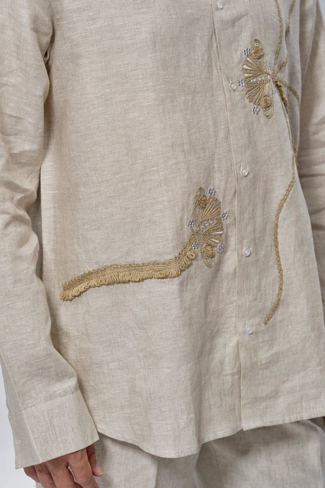 Hemisphere 7 - Hand-Embroidered Pure Linen Full Sleeve Shirt - AddysForMen®️