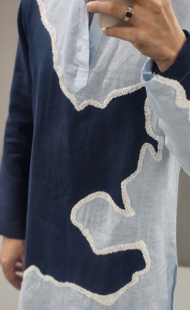 Sky Blue & Midnight Navy Wave Patchwork Hand Khatli Linen Kurta