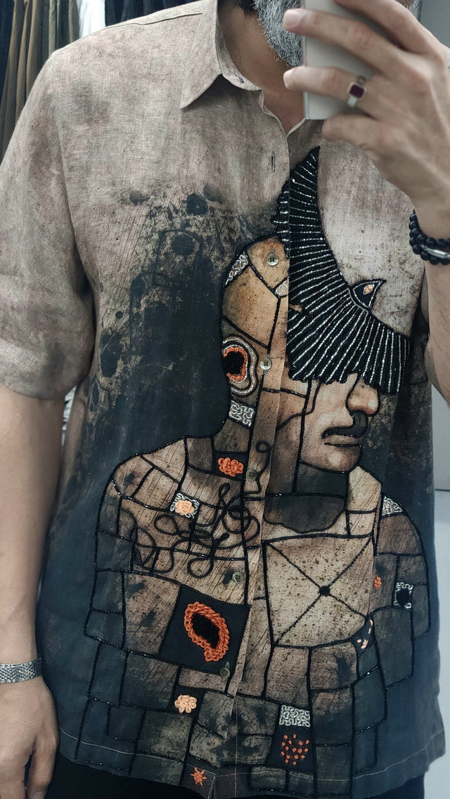 Taupe Graphic Print Linen Shirt with Hand Khatli Work