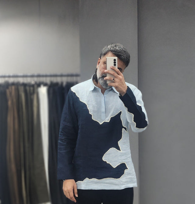 Ice Blue & Navy Abstract Patchwork Linen Shirt
