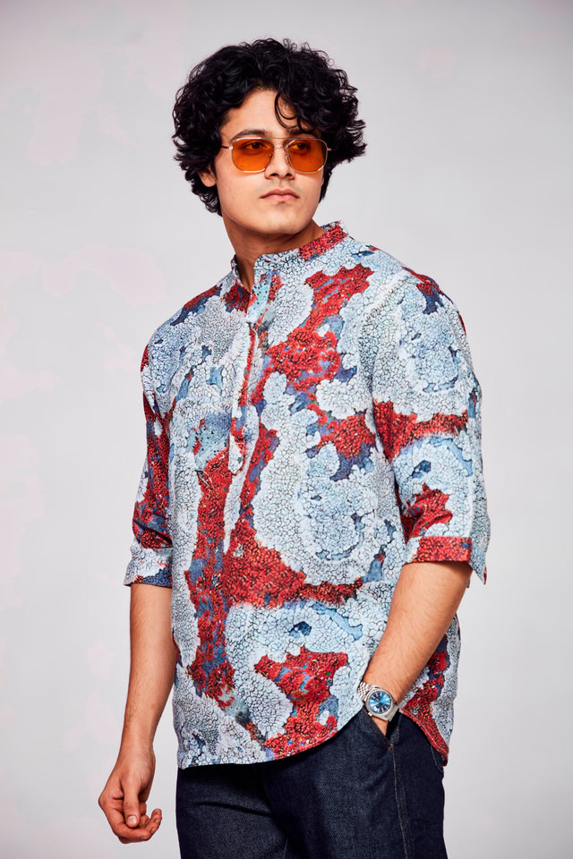 Dreamscape Reverie : Ethernal Imagery Weaves Magic -  3/4 Sleeve Pure Linen Kurta Style Shirt