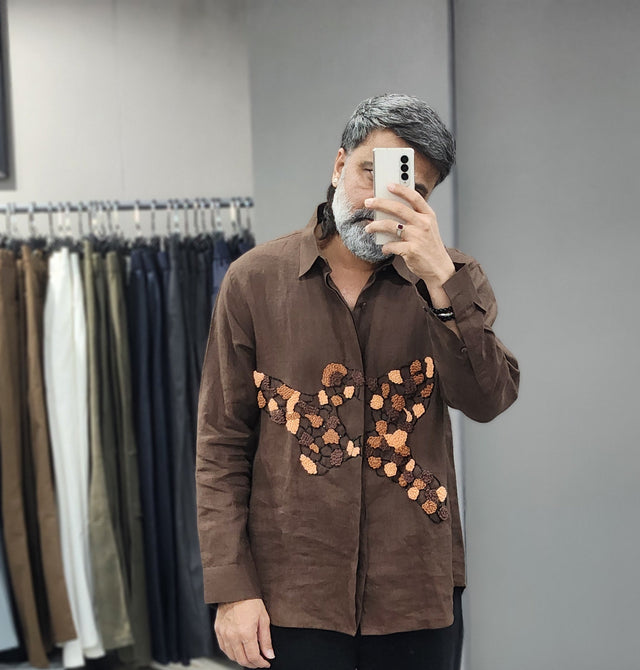 Espresso Brown Textured Mosaic Thread & Bead Embroidered Pure Linen Shirt