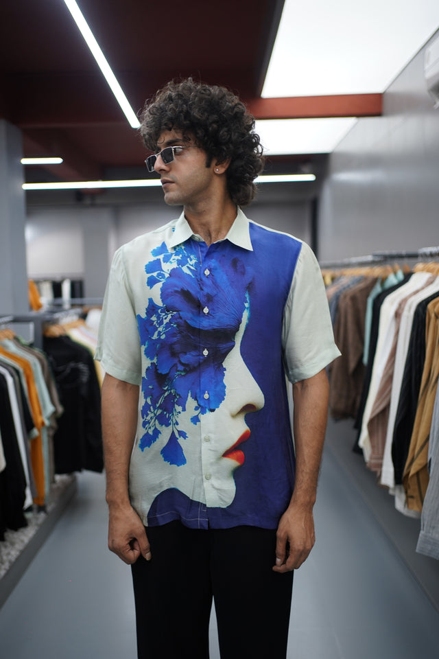 The Midnight Bloom: Pure Bemberg Digital Print Satin Short Sleeve Shirt - AddysForMen®️