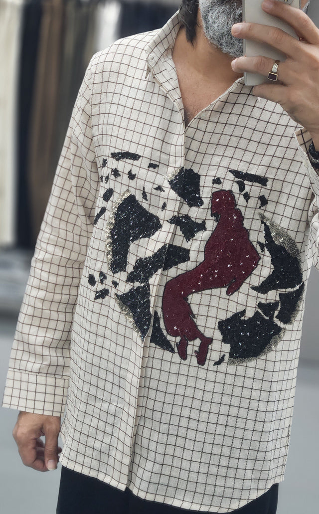 Ivory Grid "MJ Tribute" Sequins Embroidered Pure Linen Shirt