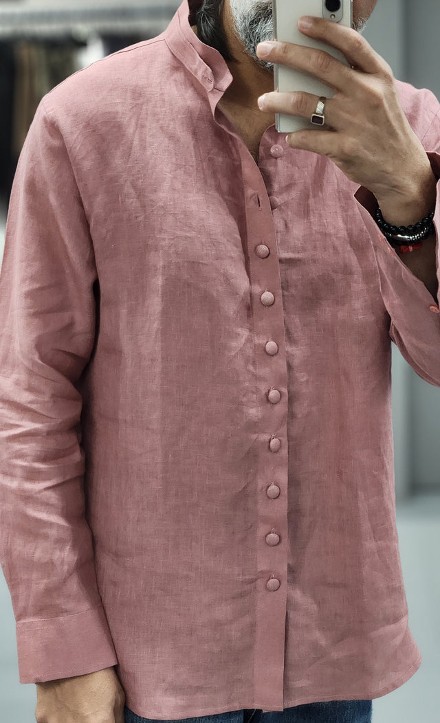 Dusty Rose Loop-Button Pure Linen Mandarin Shirt