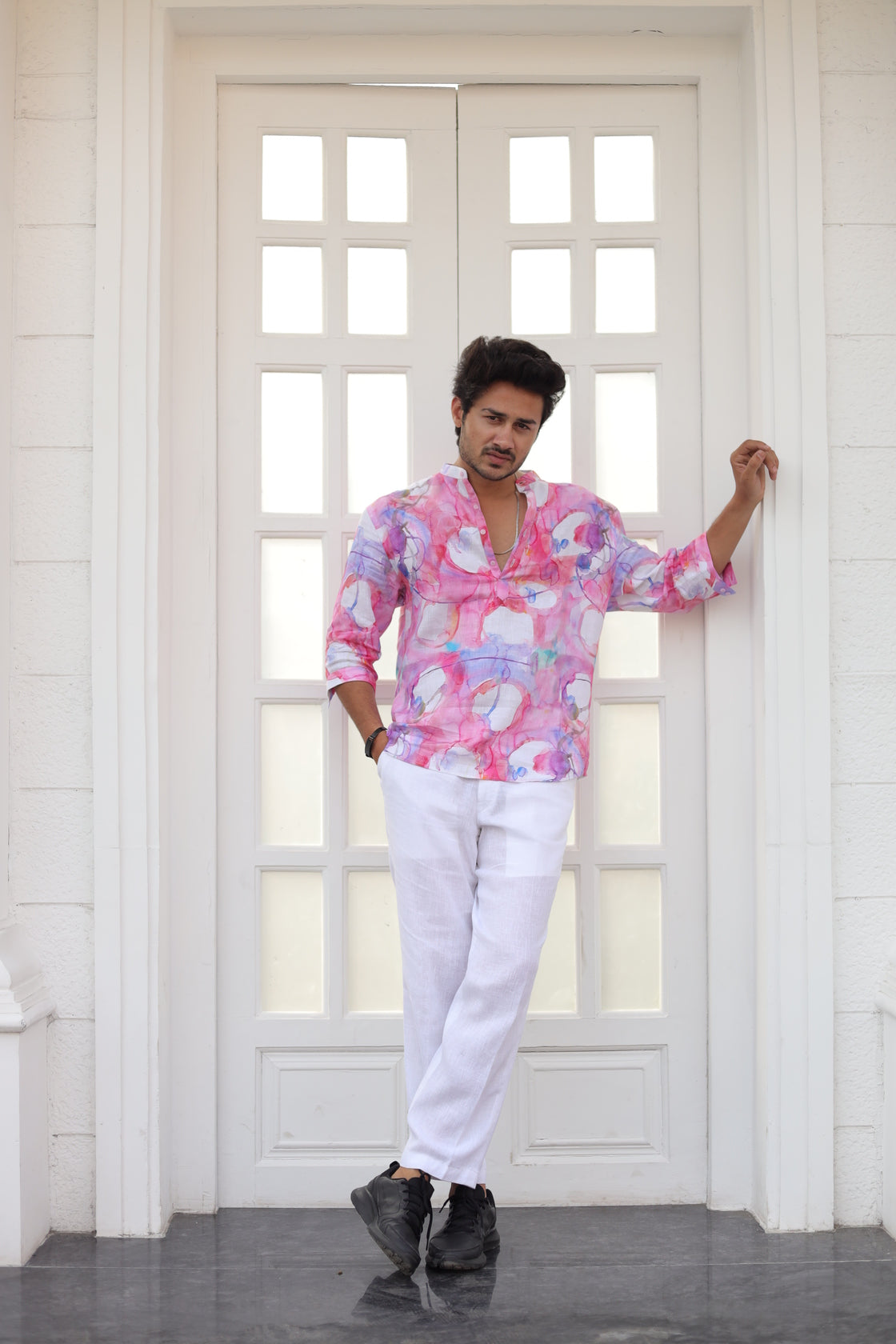 Artsy Pink (Pure Linen Kurta Style Shirt) - AddysForMen®️