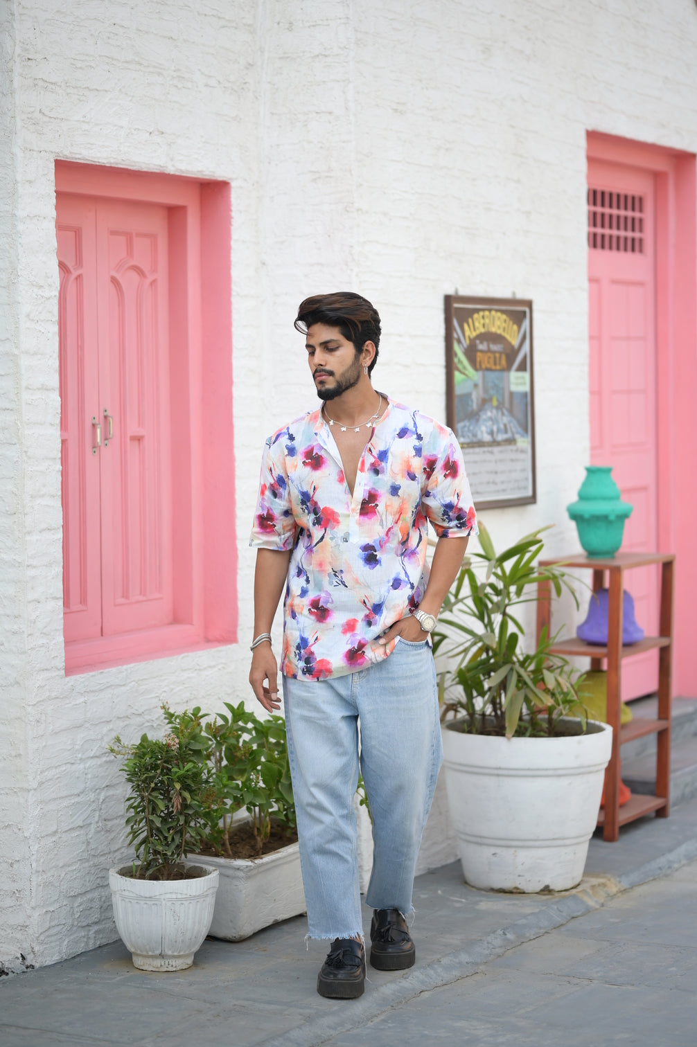 Floral Reef (Pure Linen Kurta Style Shirt) - AddysForMen®️