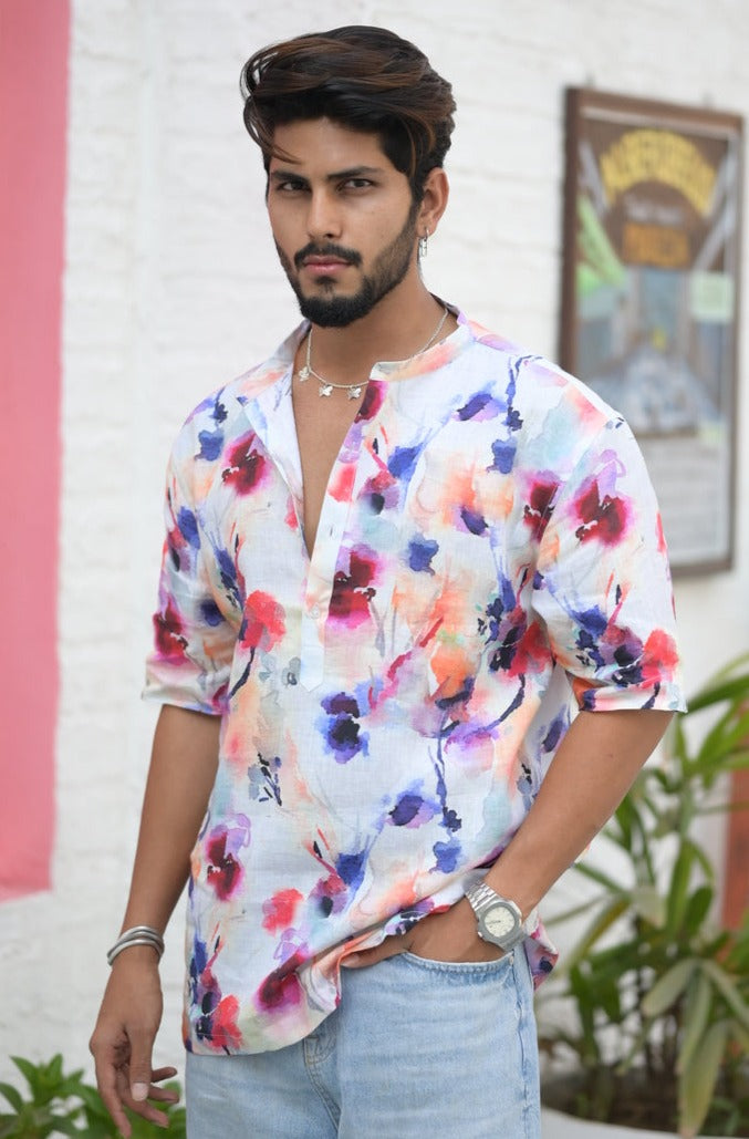 Floral Reef (Pure Linen Kurta Style Shirt) - AddysForMen®️