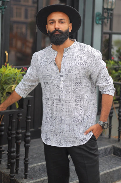 Artsy Dreams (Pure Linen Kurta Style Shirt) - AddysForMen®️