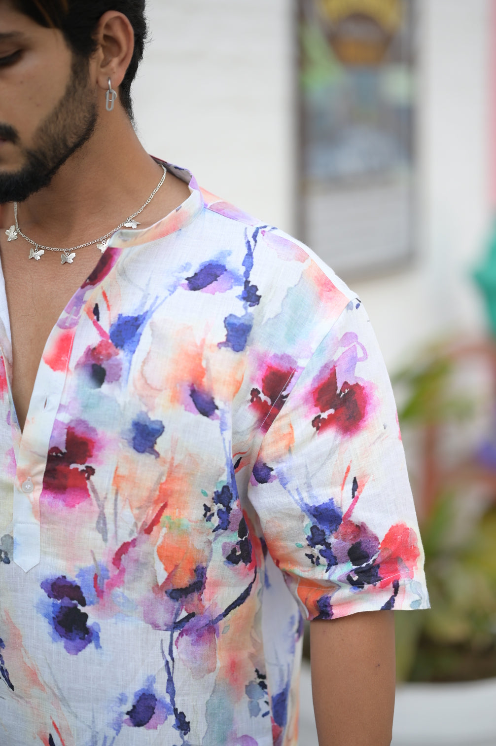 Floral Reef (Pure Linen Kurta Style Shirt) - AddysForMen®️