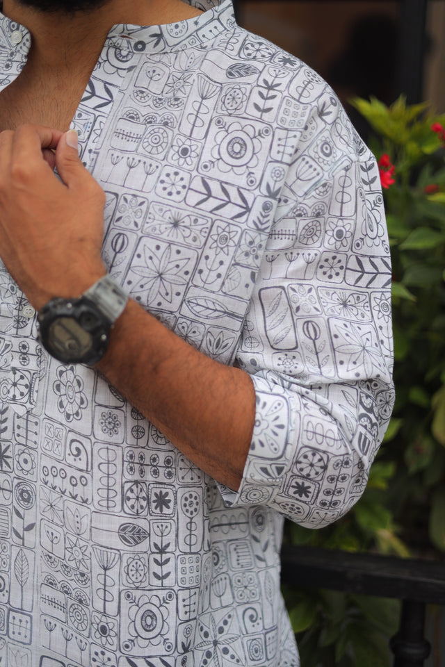 Artsy Dreams (Pure Linen Kurta Style Shirt) - AddysForMen®️